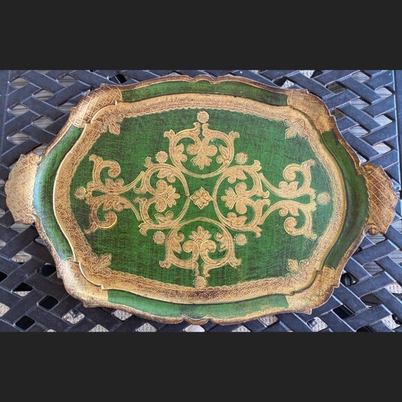 Vintage Florentine Tray - Green & Gilt Gold - 15" x 23" - Made in Italy Stamp - Picture 8 of 8